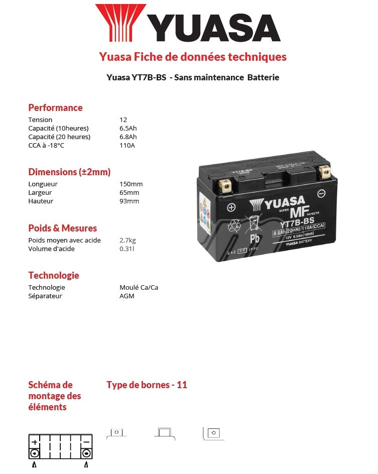 BATTERIE YUASA ACIDE SEPARE YT7B.BS